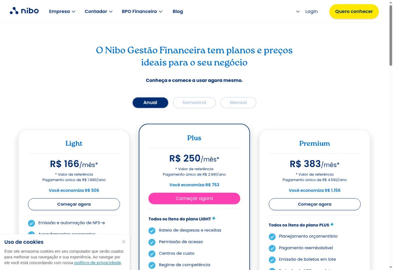 Página oficial do Nibo com os planos anuais Light, Plus e Premium e seus valores de referência